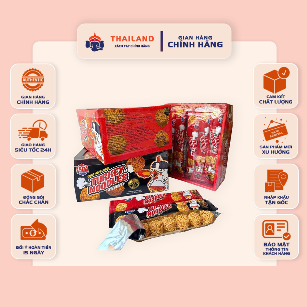 [HỘP 30 GÓI] Mì Tôm Ăn Sống Turkey Noodles Vị Gà Cay Thái Lan 20g - Hộp 30 Gói