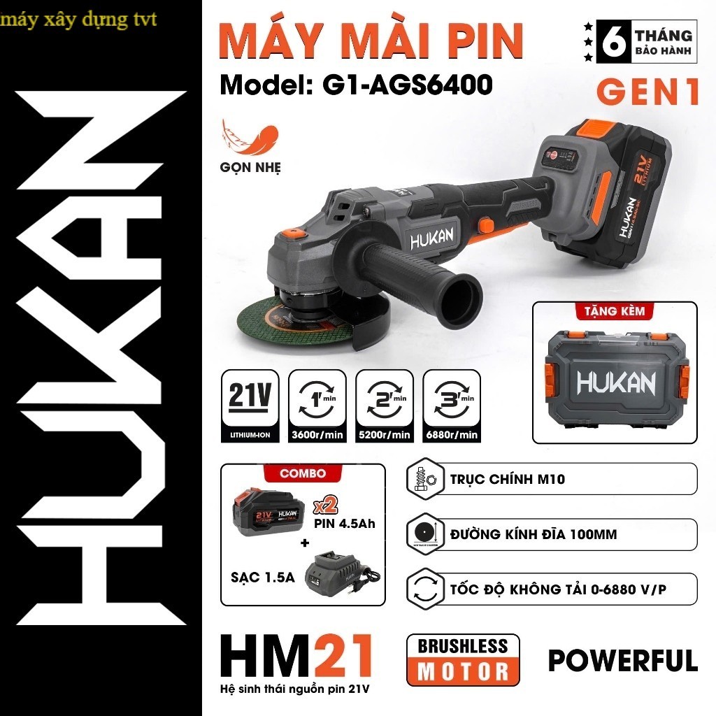 Máy mài pin HUKAN HK-AGS6400, Không chổi than, 3 cấp tốc độ, Tốc độ 6880v/p máy xây dựng tvt