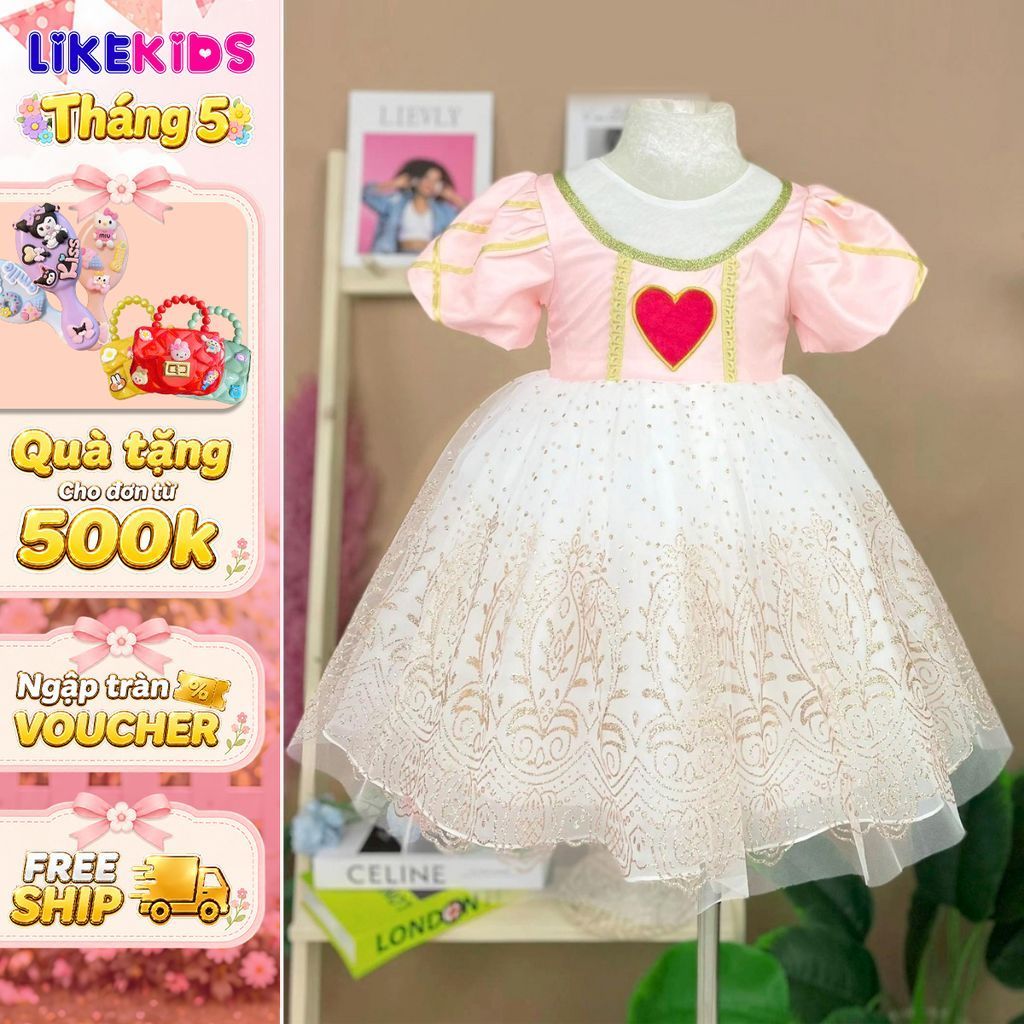 Đầm công chúa phi mờ cho bé gái họa tiết TRÁI TIM LikeKids C14