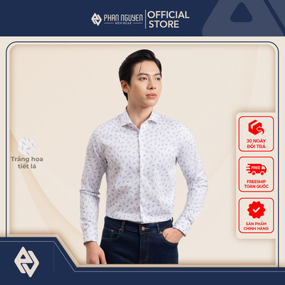 Áo sơ mi trắng nam họa tiết Phan Nguyễn, chât liệu bamboo, mềm mát, form slim fit SMD.1467