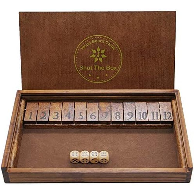 Juegoal Shut The Box Wooden Board Dice Game with 12 Numbers and Lid for Kids Adults Families, 2 Play
