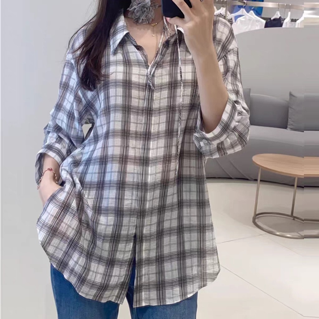 Áo Sơ Mi Kẻ Sọc Nửa Mở Kẻ Sọc In Hình Cọc Hoa Yếm Trang Trí Thường Ngày Ba Phần Tư Tay Áo Sơ Mi 0.17
