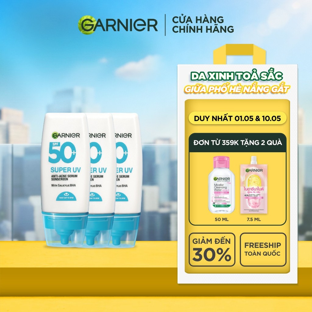 Bộ 3 Kem Chống Nắng Garnier Phổ Rộng 12h Kiềm Dầu & Hỗ Trợ Giảm Mụn SPF 50+PA++++ 30mlX3