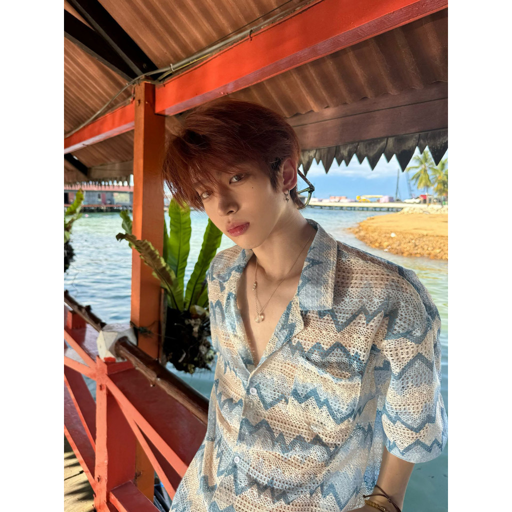 [Phong cách bán chạy] Seaside Niche Holiday Wave Pattern Đan màu tương phản Áo sơ mi rỗng Áo sơ mi n
