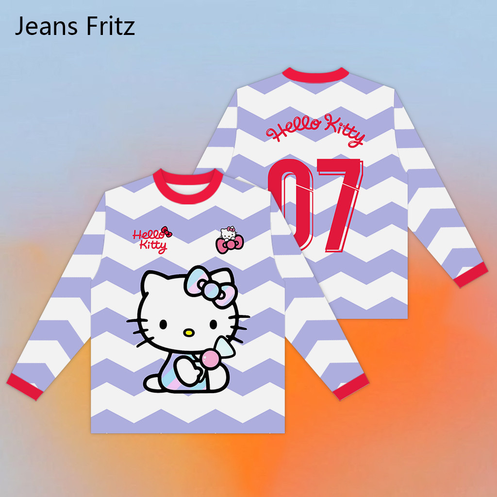 Quần áo chung Hello Kitty mới Hoạt hình dễ thương Áo thun dài tay Hello Kitty màu tím