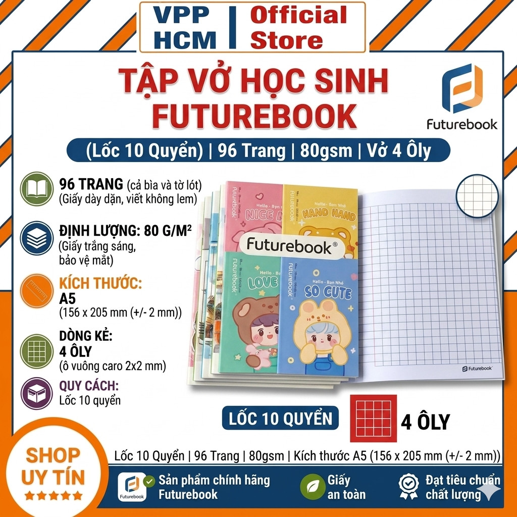 (Lốc 10 Quyển) Tập Vở Học Sinh Futurebook 96 Trang Giấy 80gsm Vở 4 Ôly