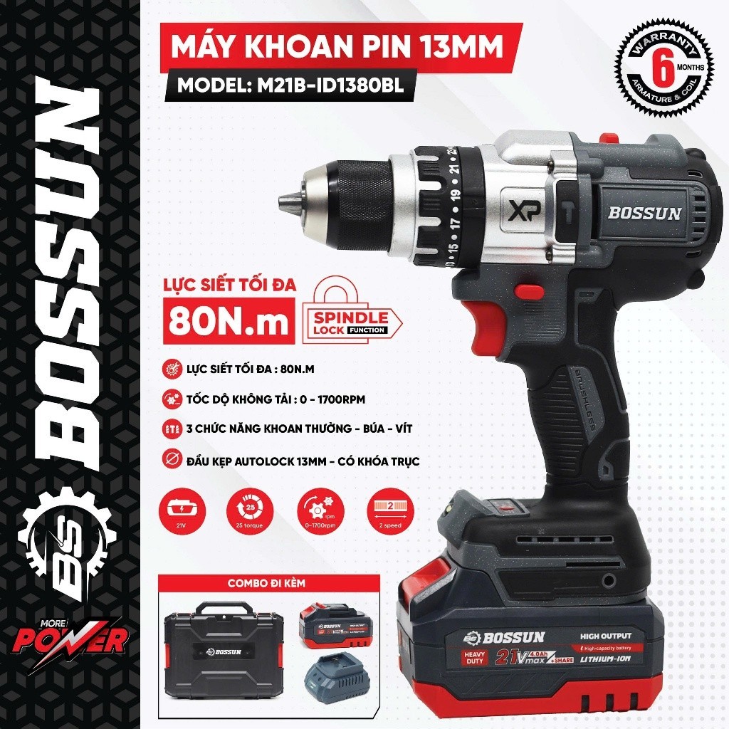 Máy Khoan Pin 13MM BOSSUN M21B-ID1380BL – Lực Siết 80N.m – Motor BL Không Chổi Than – Dùng Gia Đình 
