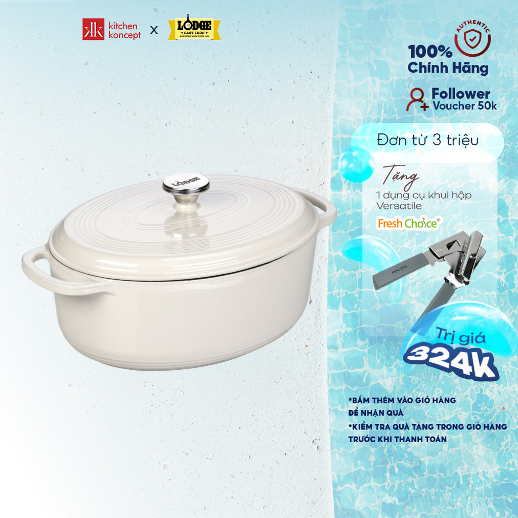 Nồi gang oval phủ men Lodge - Màu trắng 6.6L