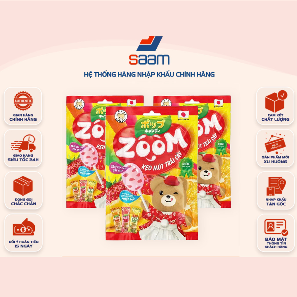 [2 GÓI] Kẹo Mút Trái Cây Zoom Eikodo 72g – Vị Cam, Xoài, Dâu, Que Giấy An Toàn