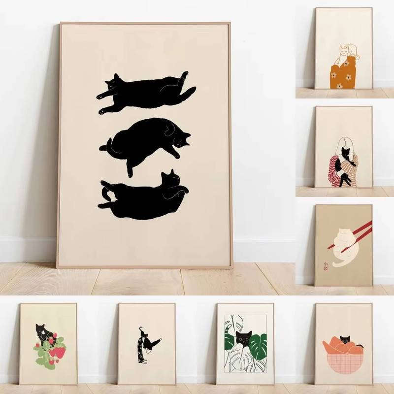 Minimalist Aesthetic Cute Animal Wall Art Illustration Poster Sleepy Kitties No Frame  Home Decor Ca