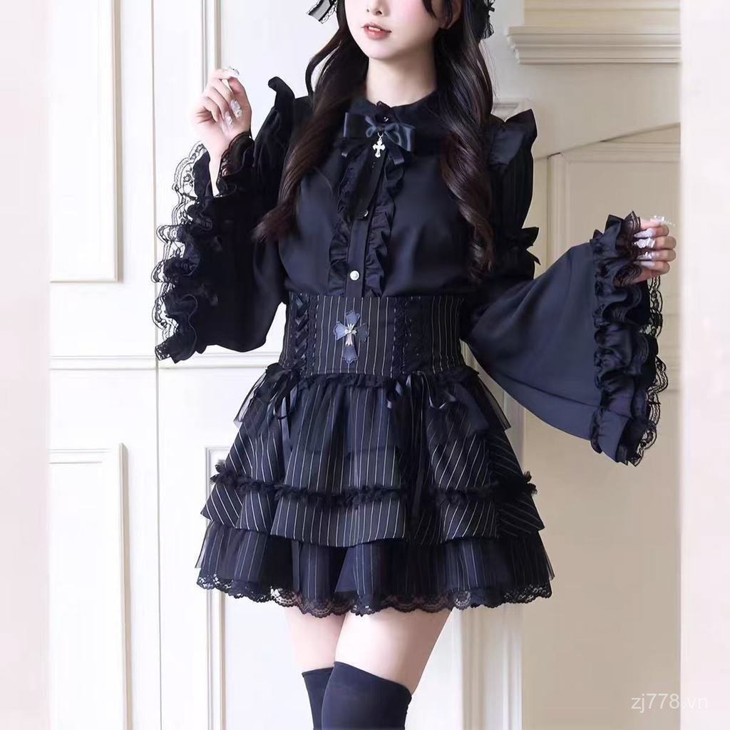 Áo sơ mi dài tay ren thắt nơ Ji-Sleeved sản xuất hàng loạt Top Gothic Gothic Gothic Gothic Gothic Ta