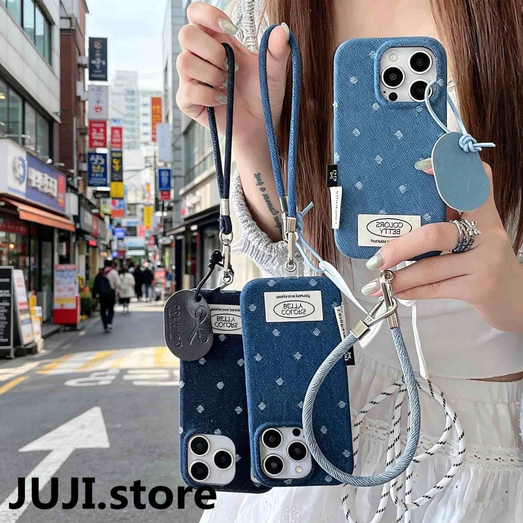Vintage Denim Chấm Bi Vỏ Điện Thoại Trung Bình Màu Xanh Đậm Phong Cách Thường Ngày Có Dây Đeo Cổ Tay