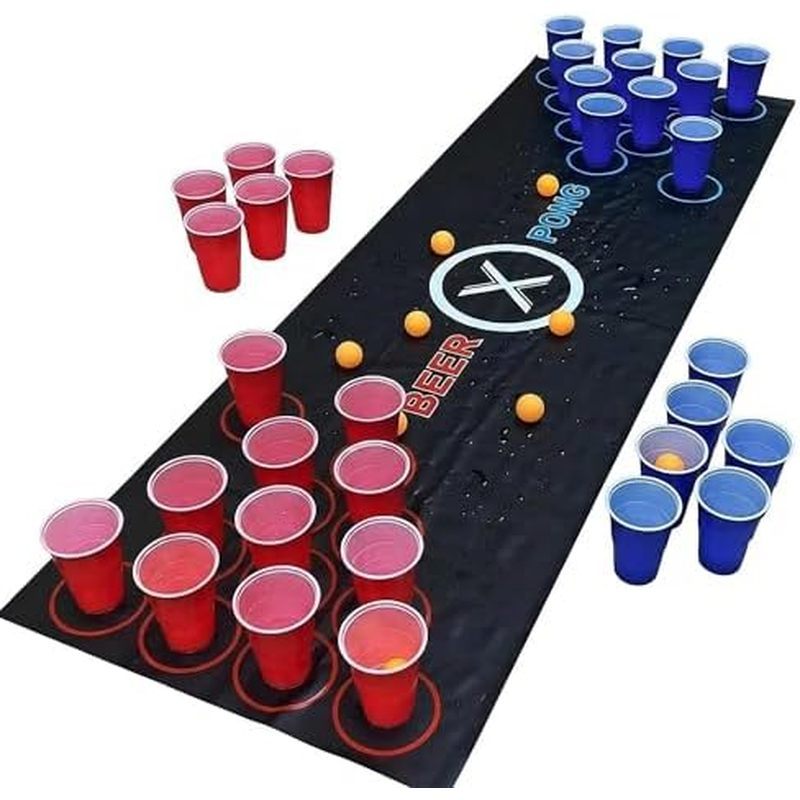 Beer Pong Game Set, 150x50cm Anti-Slip Mat, Full Party Kit with 30 Cups (15 Red/15 Blue) & 8 Ping Po