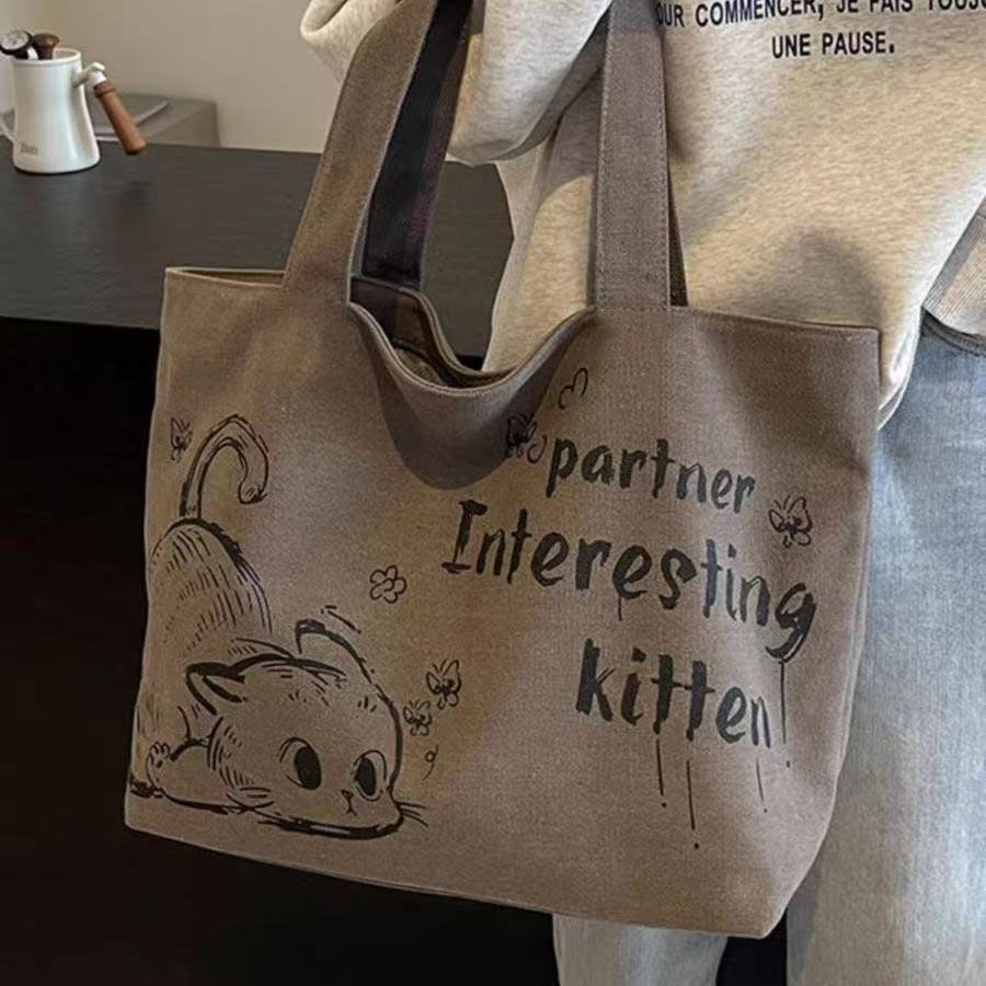 Canvas Bag Female Cartoon Print Large Capacity Totes Travel All-Matching Commuting Large Bag Baby Di