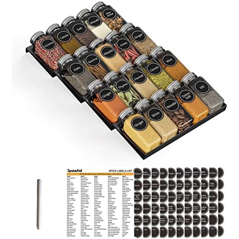 SpaceAid Spice Drawer Organizer with 28 Spice Jars, 386 Spice Labels, 4 Tier Seasoning Rack Tray Ins