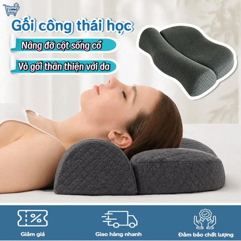 HomeyShop-Gối công thái học,cao su non,nâng đỡ cột sống cổ, giảm đau vai gáy, ngủ sâu,vỏ tháo rời gi