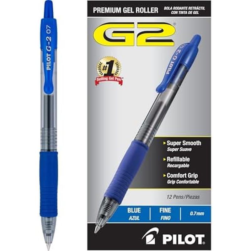 PILOT G2 Premium Refillable & Retractable Rolling Ball Gel Pens, Fine Point, Blue Ink, 12-Pack (3102