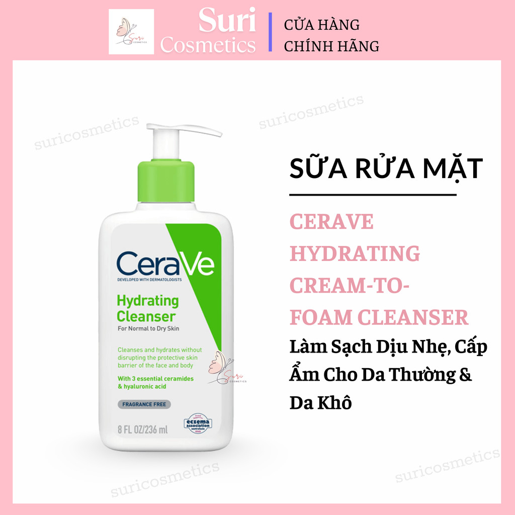 Sữa Rửa Mặt CeraVe Hydrating Cream-To-Foam Cleanser 236ml Làm Sạch Dịu Nhẹ, Cấp Ẩm Cho Da Thường & D
