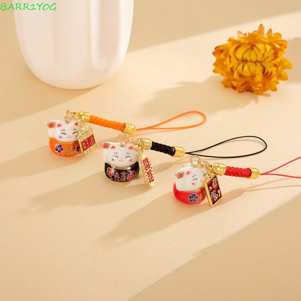BARR1Y0G Bùa Điện Thoại Mèo May Mắn Bằng Gốm, Dây Xích Điện Thoại Maneki Neko Kim Loại Phong Cách Tr