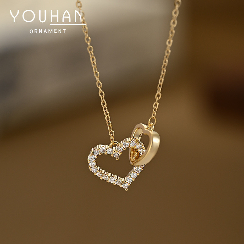 Popular~Real gold-plated zirconia clavicle chain for women, unique design with hollow heart cross pe