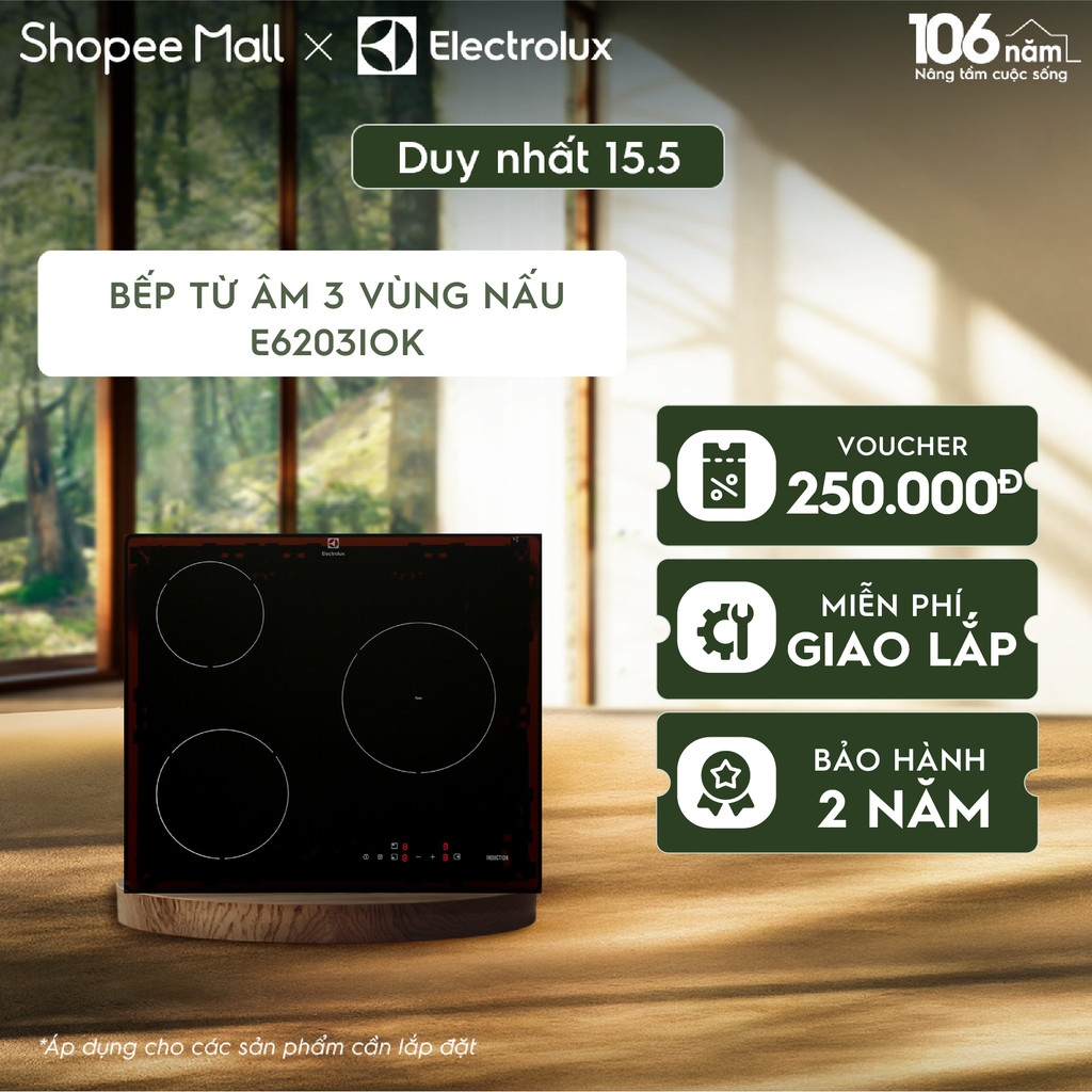 Bếp từ 3 vùng nấu Electrolux E6203IOK - Kính Ceramic Eurokera, Màu Đen, 5800W, 60cm