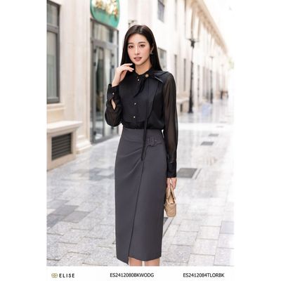 Chân váy vân xanh rêu phủ vạt đai xếp nhún thiết kế Elise ES2412080BKWODG