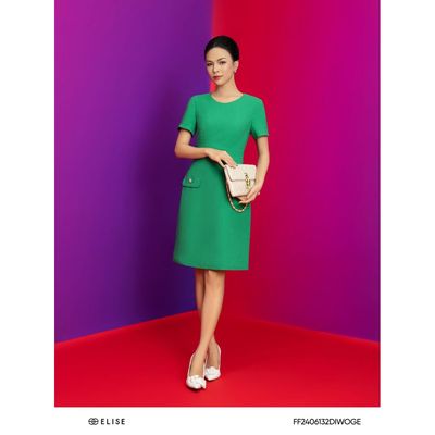 Đầm ôm vân xanh lá nắp túi thiết kế Elise FF2406132DIWOGE