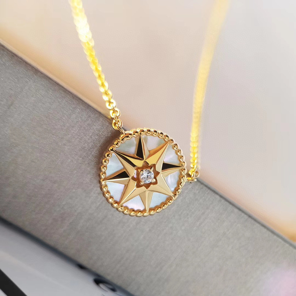 S925Sterling silver eight-pointed star compass necklace, round star white shell pendant, collarbone 