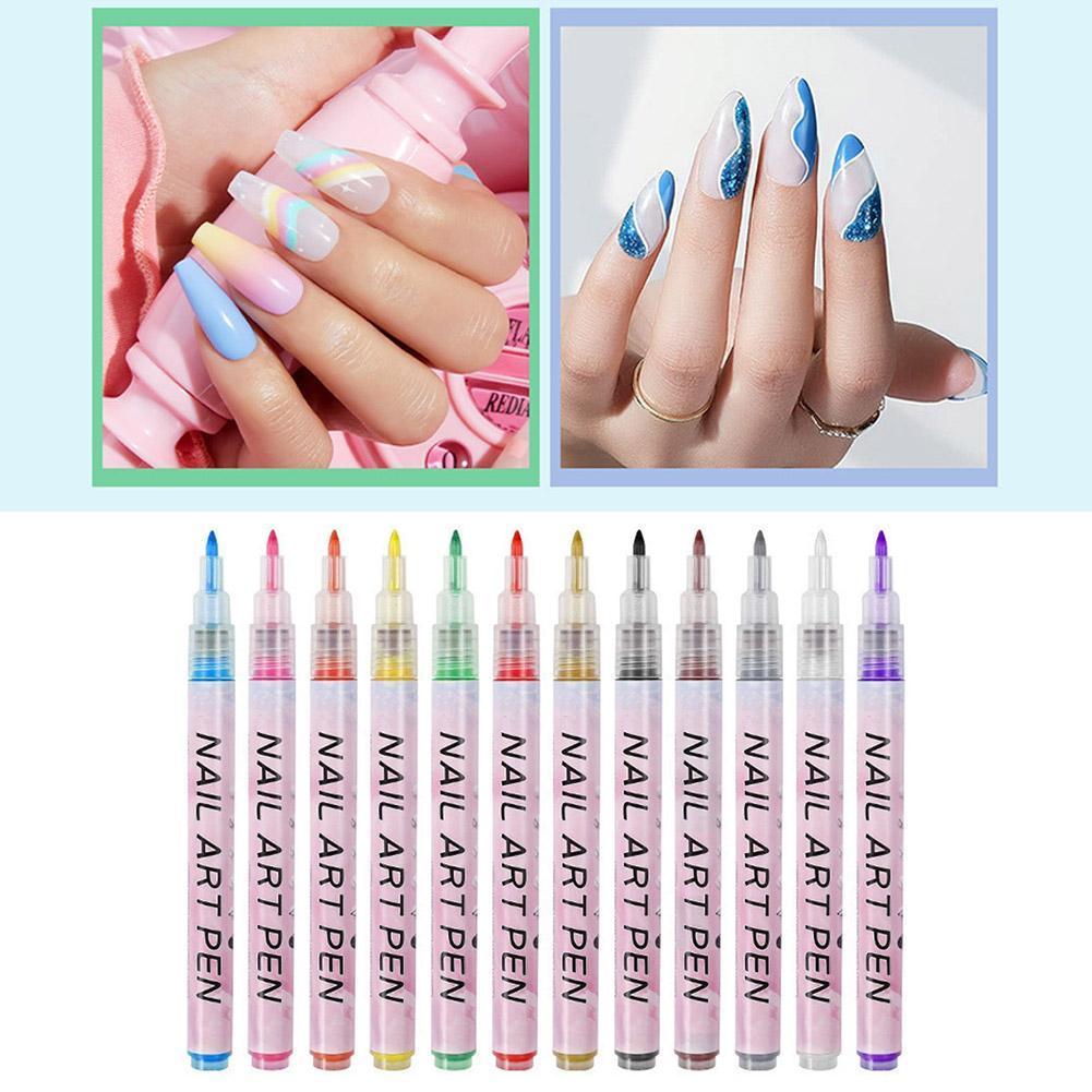 Bộ bút nghệ thuật làm móng tay Graffiti 12 màu, lớp lót vẽ đầu mịn để thiết kế móng tay tự làm, khô 