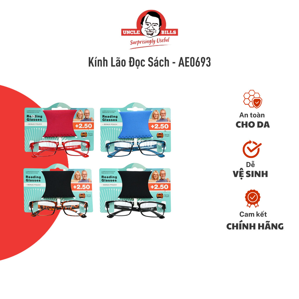 Kính Lão Đọc Sách UNCLE BILLS +2.50 Độ Gọng Chữ Nhật Kèm Túi Đựng Nhiều Màu - AE0693