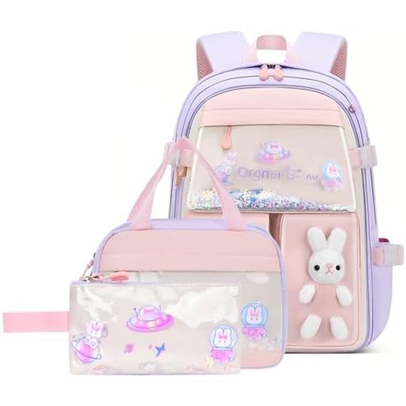 VIDOSCLA 3Pcs Bunny Backpack for Girls Kawaii Kids Backpack Girls Backpack with Lunch Box Set-3Pcs B