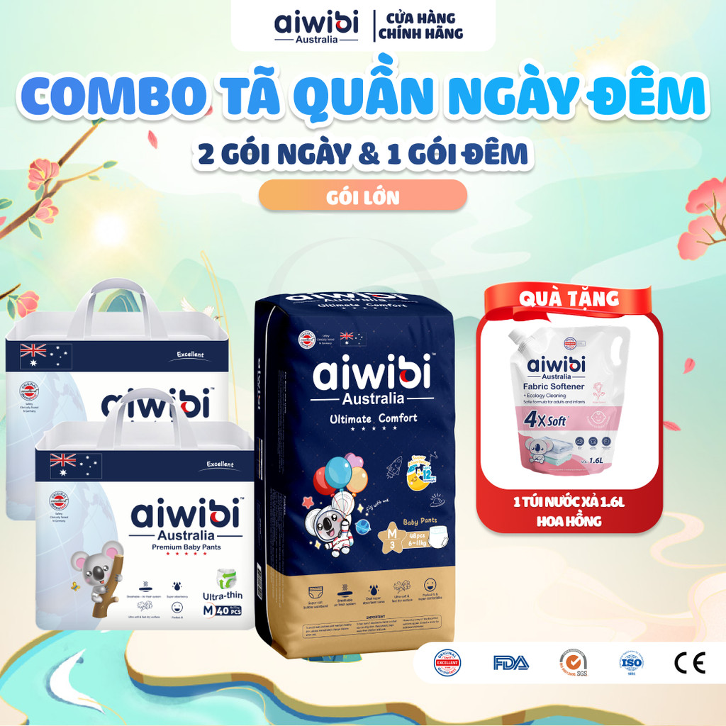 [Combo Ngày & Đêm] Tã/Bỉm Quần Cao Cấp Aiwibi Cho Bé Siêu Thấm Hút - 2 Gói Ngày Lớn + 1 Gói Đêm Lớn