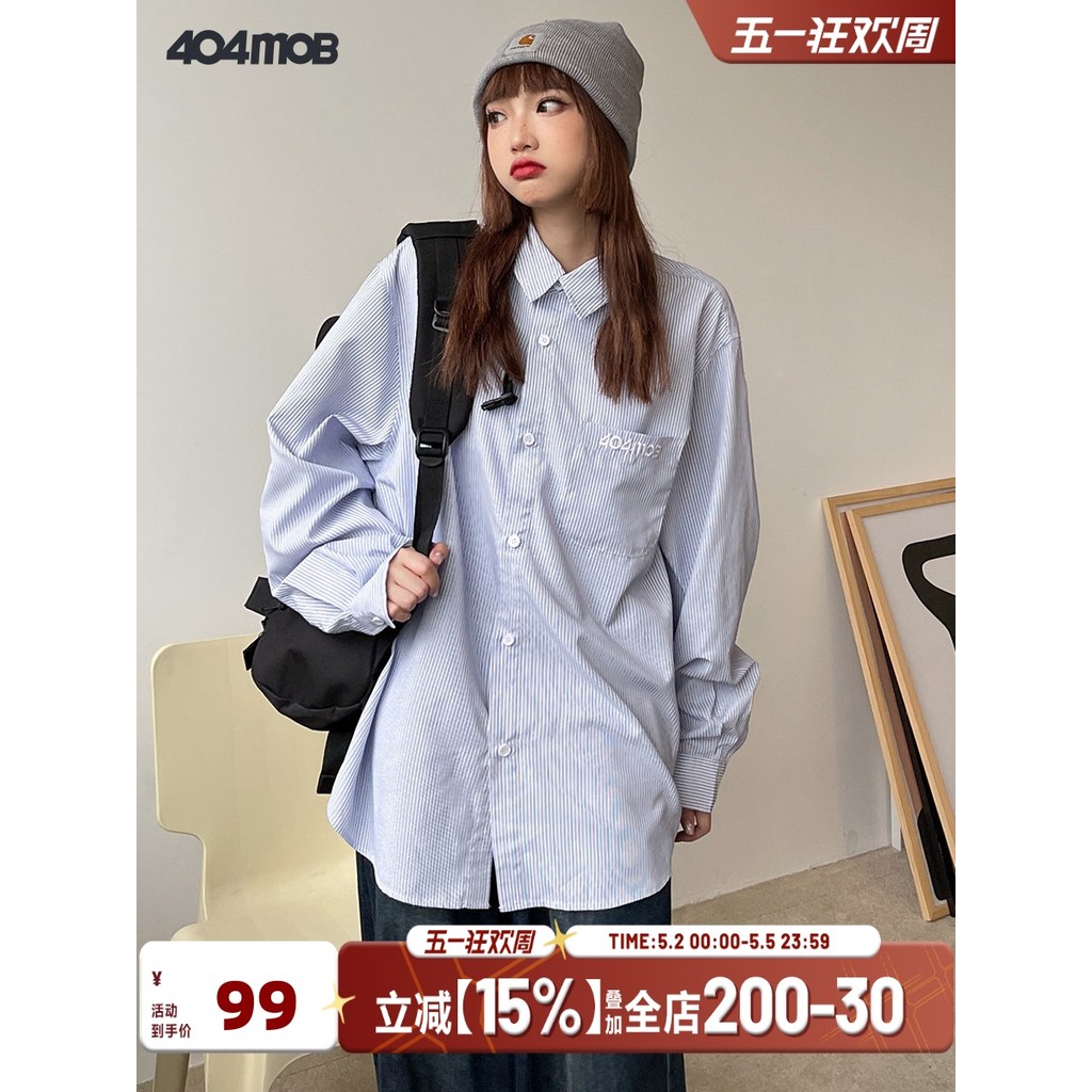 404MOB Quốc Gia Hợp Thời Trang Retro Cổ Điển Thêu Sọc Dài Tay Áo Sơ Mi Nam Nữ ins Rời Áo Sơ Mi Áo Sơ