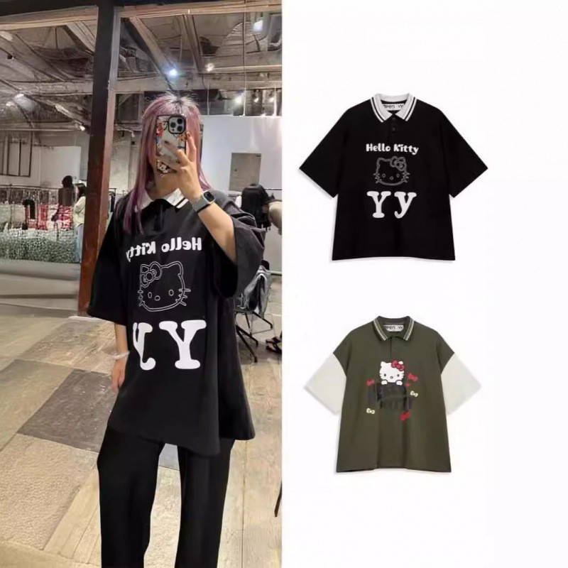 Openyy New loose fit polo Shirt hellokitty Collaboration design cute printed loose short-sleeve shir