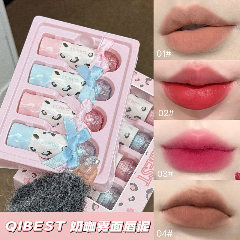 QIBEST Phong Cách Mới Matte Lip Clay Matte Matte Bộ Son Bóng Nơ Dễ Thương