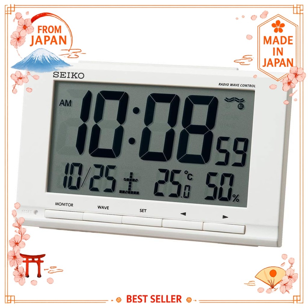 Seiko Clock Table Clock White Body Size: 9.1 x 14.8 x 4.7cm Alarm Clock Radio Digital Calendar Tempe