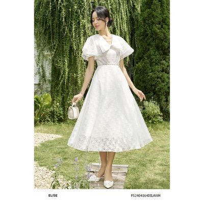 Đầm ren dây hoa trắng cổ V đính nơ thiết kế Elise FS2404164DILAWH