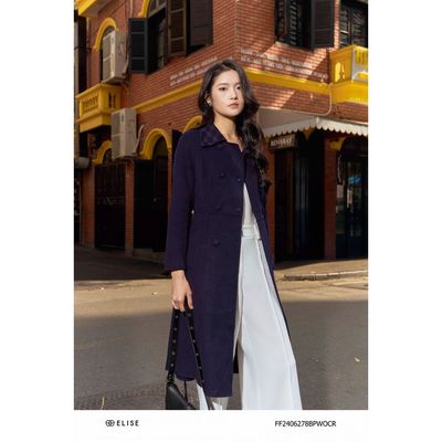 Áo măng tô dạ lông cừu TT phối cổ logo thiết kế Elise FW2209058OCWLNV