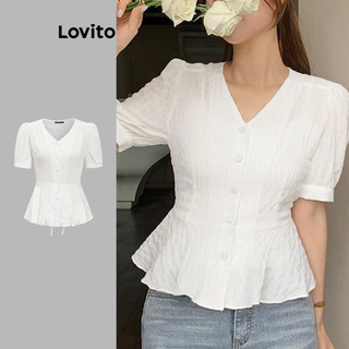 Lovito Áo kiểu giản dị trơn Ruffle Hem Puff tay áo cho nữ L89MD098