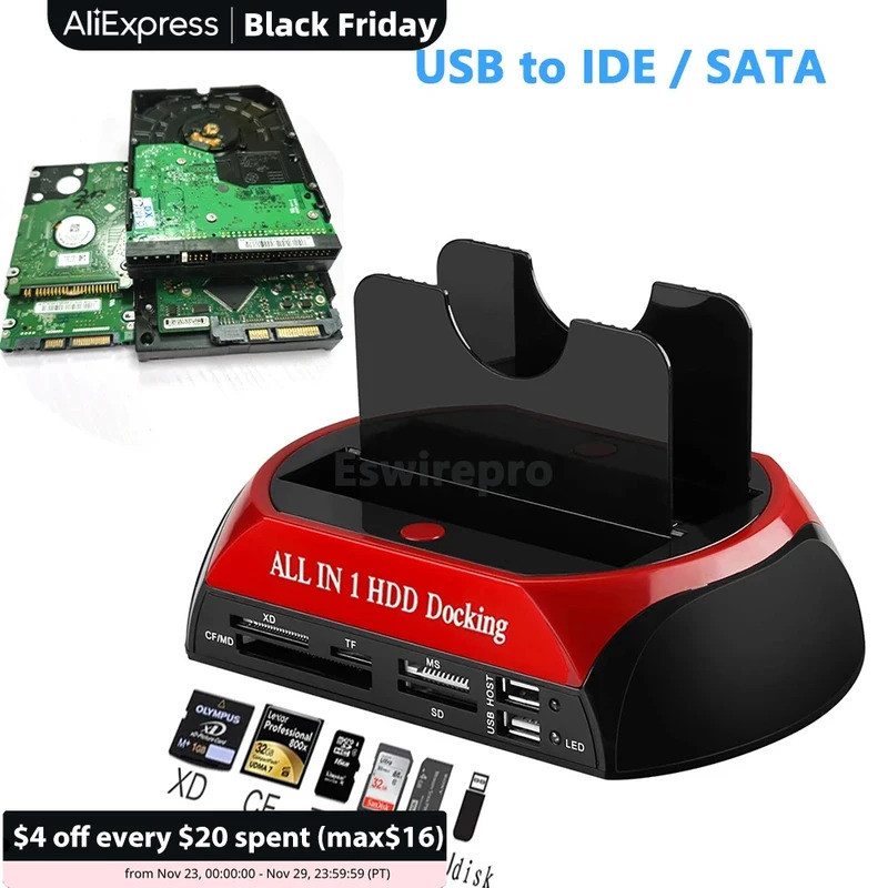 USB sang Sata IDE HDD có đầu đọc thẻ Trình điều khiển đĩa cứng USB Docking Station Vỏ ngoài HDD Exte