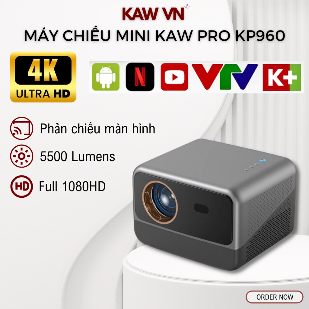 Máy Chiếu Mini KAW Pro KP960 Độ Sáng Cao, Độ Phân Giải 4K, Kích Thước Tối Đa 200 Inch, Hệ Điều Hành 