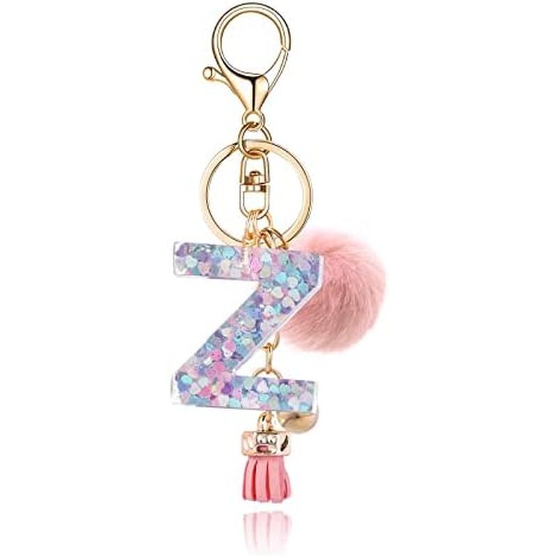 Resin Alphabet Initial Letter Keychain Keyring for Women Purse Handbags With Fur Ball Pom