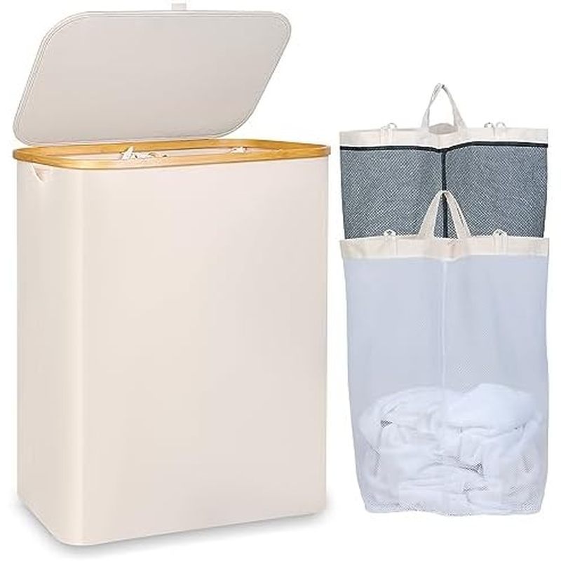 150L Laundry Basket with Lid, Large Laundry Hamper with Bamboo Handle, Collapsible Dirty Clothes Ham