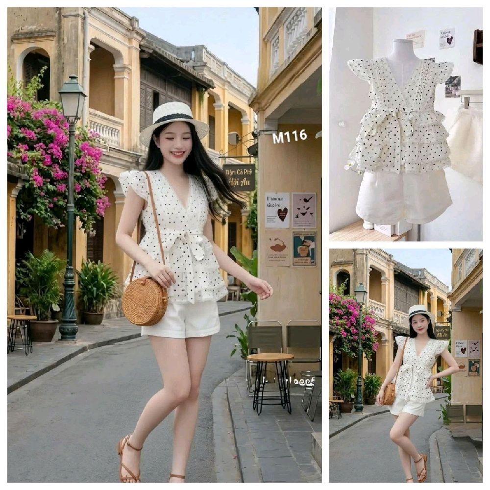 Set áo lụa chấm bi quần ngắn M116
