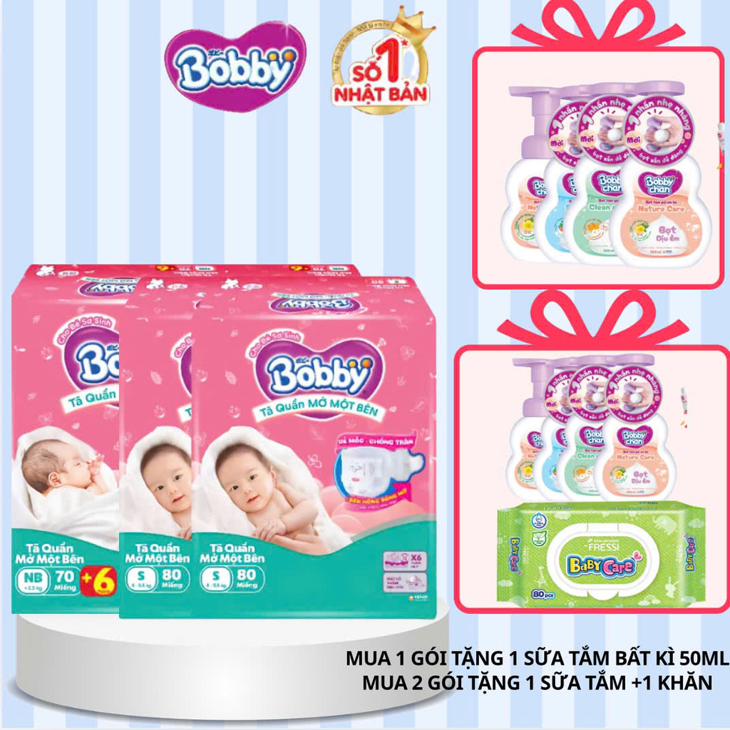 (Tặng Quà Khi Mua 2 Gói) Tã/Bỉm Quần Bobby Mở Một Bên Size NB70+6/S80/NB36/S40 Mẫu Mới 2025