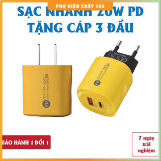 Cốc sạc nhanh 2 cổng gồm: 1 cổng Type C + 1 cổng USB – Củ sạc nhanh 2 in 1, Dây sạc nhanh 3 in 1 ,