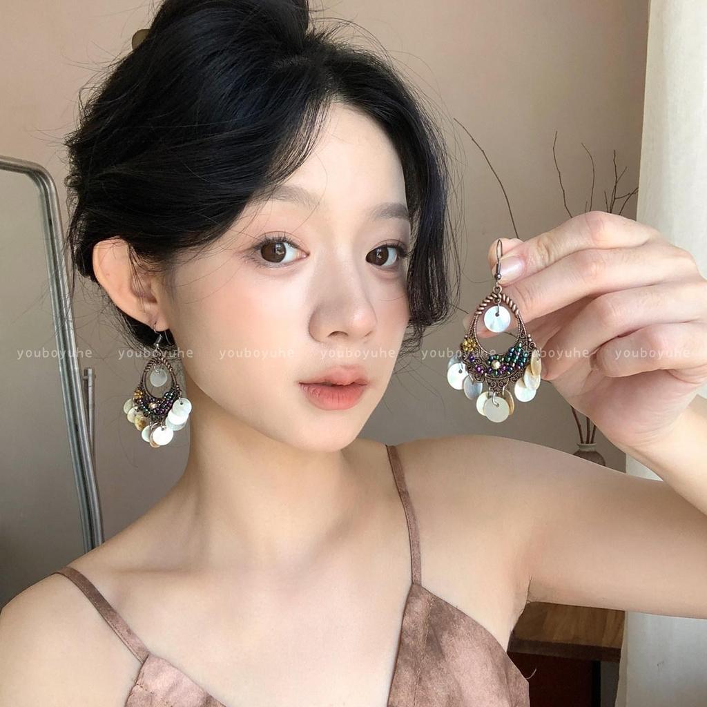 Bông tai boho hoa tua rua vỏ bọc, phong cách retro cao cấp, phù hợp cho style dân tộc niche