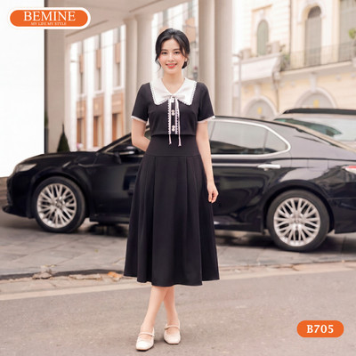 Đầm thiết kế BEMINE cổ chữ V phối viền ren dáng chữ A phù hợp đi làm-B705
