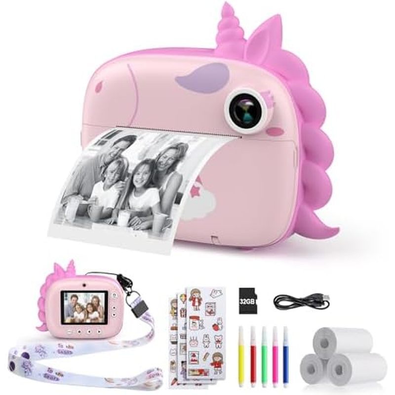 Print, Selfie Digital Camara for Kids with Print Paper & 32G Card, 2.5K Video & Instant Print Camera