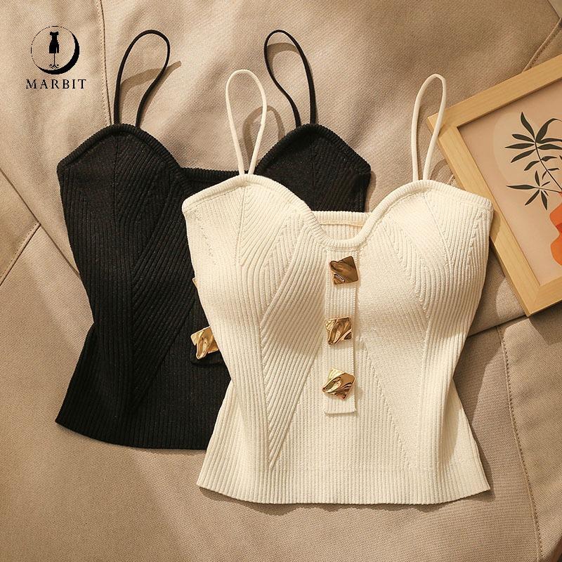 Marbit Nữ Không Tay Gân Đan Spaghetti Dây Crop Cami Áo Sơ Mi Spaghetti Dây Đeo Tank Top Áo FHS